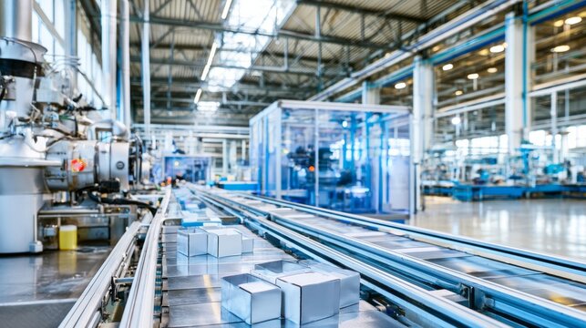 Shiny metal products advancing on a conveyor belt within a clean, high tech manufacturing facility, showcasing industrial automation and efficient production processes