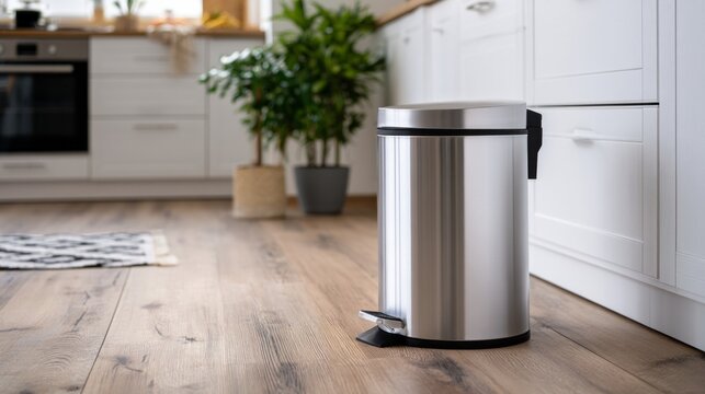 Stainless steel trash can with pedal mechanism standing on a light wooden floor, promoting waste disposal, cleanliness, and sustainable living in a contemporary home kitchen environment