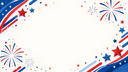 Obraz premium Fireworks and stars frame a clean central area with patriotic red, white, and blue colors to celebrate national holidays.