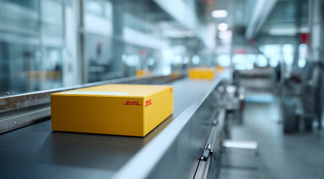 DHL-Paket auf F&ouml;rderband in einer modernen Sortieranlage. Logistik, Paketversand, E-Commerce und automatisierte Sendungsverarbeitung im Distributionszentrum. Editorial.