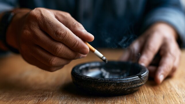 Person's hand holding a lit cigarette, tapping ash into a dark ashtray on a wooden table, representing the unhealthy habit of smoking and the risks associated with it