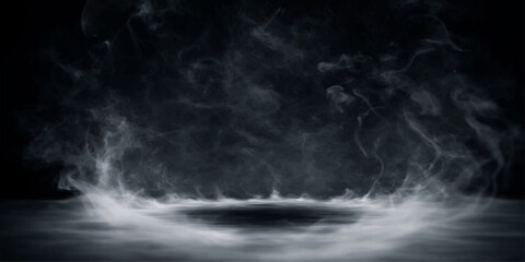 Dark smoke cloud mist on black abstract night sky with fog, storm, ocean, space texture background © Mustarin