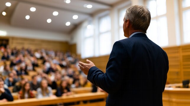 Speaker addressing a large, attentive audience in a spacious lecture hall, delivering a professional presentation during an academic conference or educational seminar