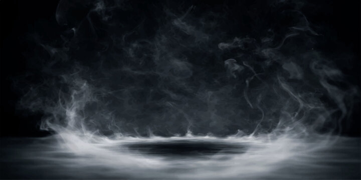 Dark smoke cloud mist on black abstract night sky with fog, storm, ocean, space texture background