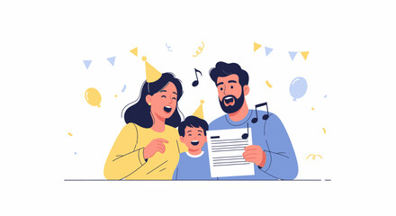 Obraz premium Happy family singing together at a birthday party with music notes and confetti