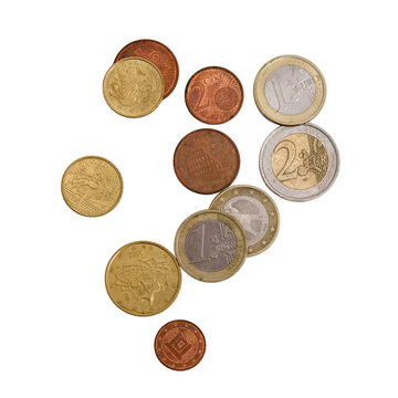 Various Euro coins scattered on isolated transparent background. European currency mix including cent and euro pieces. Cash savings, finance, economy, investment and banking money concept.