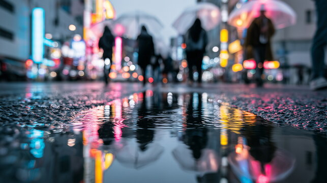 A sentimental night view of neon lights and people walking with umbrellas reflected in puddles on a rainy city street.