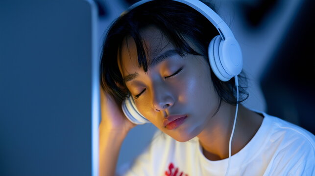 A young Asian woman sleeping in front of a computer at night with headphones on. Overtime, overwork concept.