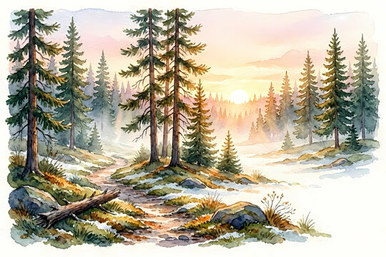 Beautiful background of a boreal forest, with the magic of a sunrise for a nice postal card with nice lighting. Ideal for postcards and illustrations or even wallpapers