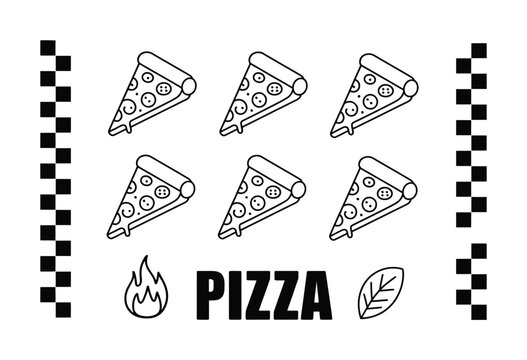 Black and white pizza with slices, flame, leaf and checkerboard borders