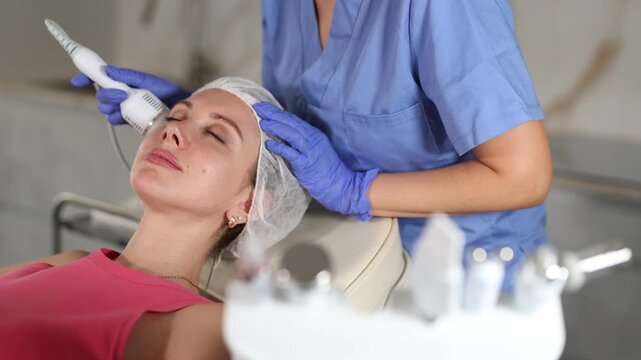 Female cosmetologist performing anti-aging face phototherapy procedure, shrink pores and repair damaged skin for young girl client in modern clinic of aesthetic medicine