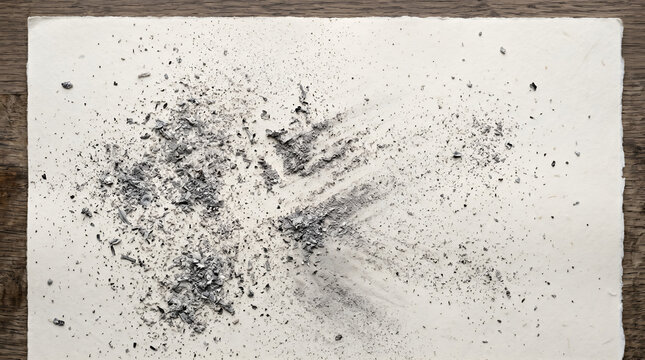 Scattered gray wood ash on textured offwhite paper