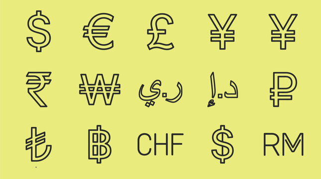 Premium Global Currency Collection Line Art Vector Bundle , 15 Countries Banknotes, Coins, Symbols and Financial Elements Set