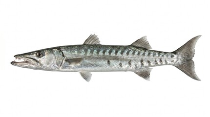 Obraz premium Great barracuda fish profile isolated on white background with sharp teeth and silver scales visible.