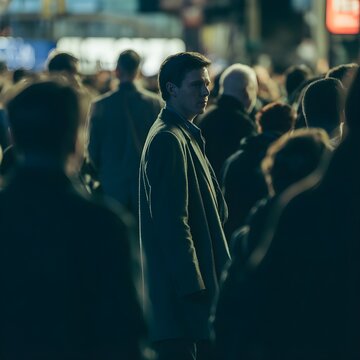 Hombre joven parado mirando hacia atr&aacute;s en medio de una multitud borrosa en la ciudad de noche
