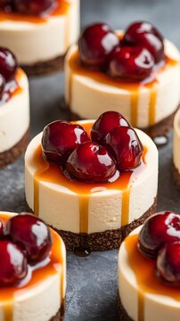 Mini tartas de queso individuales con cobertura de caramelo y cerezas en alm&iacute;bar sobre fondo oscuro