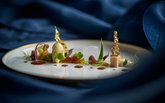 Plato de alta cocina gourmet con decoraci&oacute;n art&iacute;stica y detalles dorados sobre un fondo de tela azul satinada