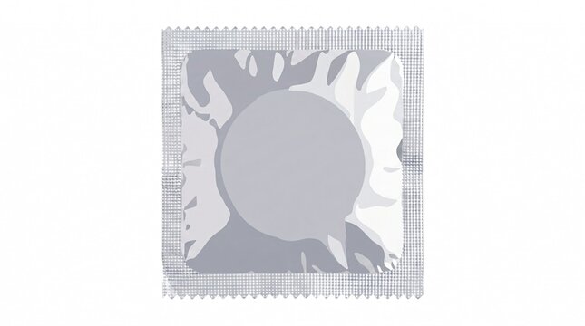 Square foil condom package isolated on white background depicting contraceptive safety and prevention.