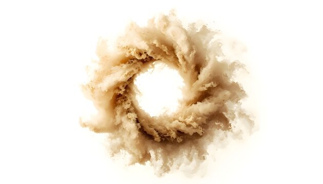 A swirling vortex of brown and white clouds forms a circular shape on a plain white background
