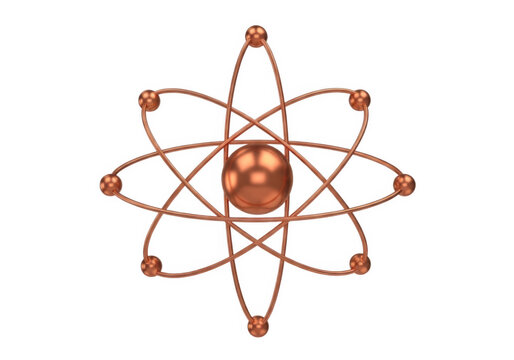 A copper colored atom with electrons orbiting the nucleus