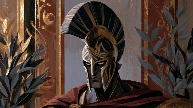 Ancient spartan warrior in helmet and armor, digital illustration of a brave greek soldier in palace interior