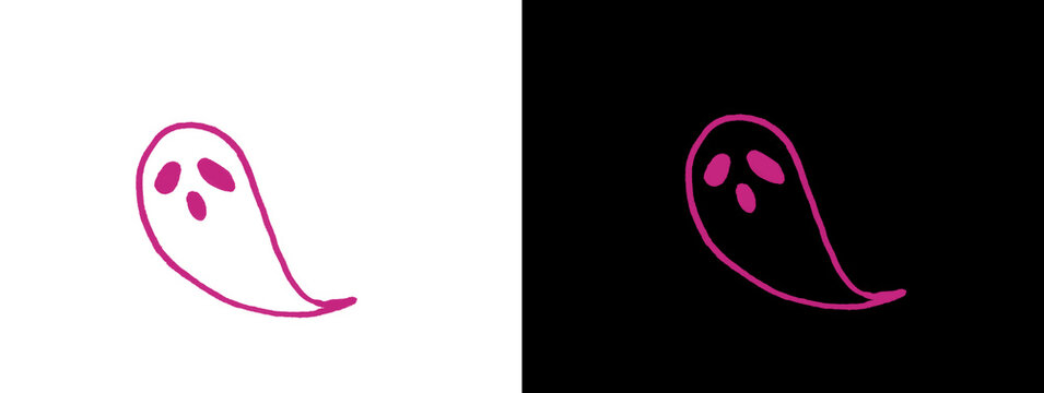 Glowing Pink Magenta Neon Simple Ghost Face Line Art Icon on White and Black Background