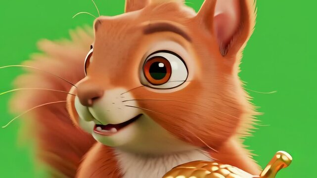 Cute cartoon squirrel holding shiny golden acorn on green background.