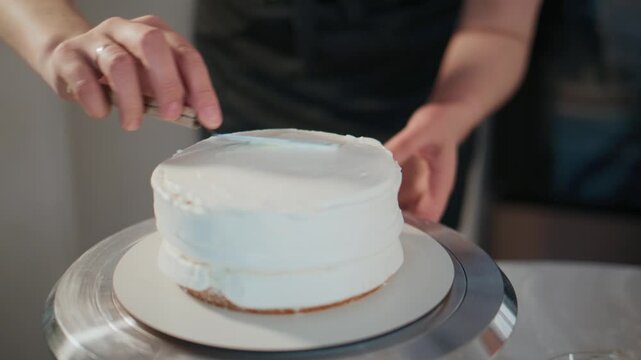 Close-up of hands smoothing white frosting on a cake. Cake spins slowly on a metal turntable. Person wears dark apron, focused on perfecting edges. Ideal for culinary, baking