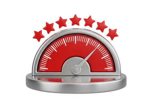 A red and silver speedometer with five stars