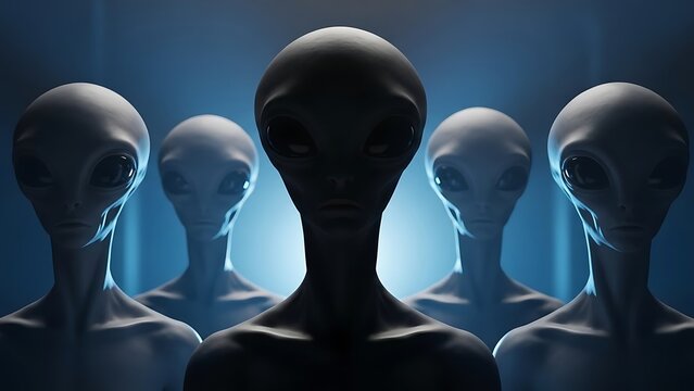Five grey, slender aliens with large black eyes gaze forward, lit by a blue background