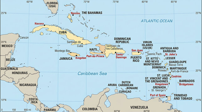 Detailed political map displays the Caribbean Sea region, showcasing numerous island nations like Cuba, Jamaica, Hispaniola, and Puerto Rico, alongside surrounding mainland countries and their