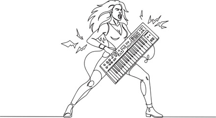 Fototapeta premium Energetic woman playing keyboard with passion, rock and roll performance.