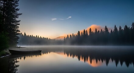 Obraz premium Small Wooden Boat Resting on Misty Forest Lake at Sunrise