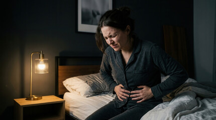 Fototapeta premium Woman Experiencing Stomach Pain on Bed in Low-Lit Bedroom Looks Uncomfortable