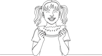 Fototapeta premium Happy girl enjoying a slice of juicy watermelon, smiling and cheerful.