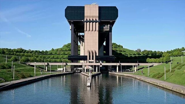 Static view of tourist boat passing through canal boat lift corridor with passengers on deck framed by towering concrete structure and lush green terraces. Calm reflective water and scenic passage in