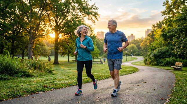 Elderly couple enjoying a healthy lifestyle by jogging together in a park during sunset, embracing the beauty of nature and active aging