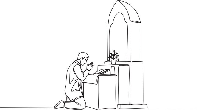Man in prayer position before a religious structure, deep in devotion.