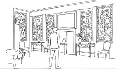 Fototapeta premium Man standing in a room, focused on the main subject, looking at the interior design.