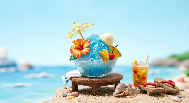 3D clay miniature blue shaved ice and geta sandals on sandy beach, tropical ocean summer background with upper copy space