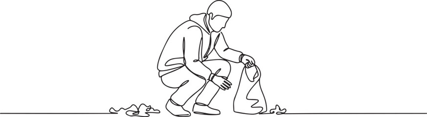 Obraz premium Person Squatting and Picking Up Trash in a Continuous Line Drawing.