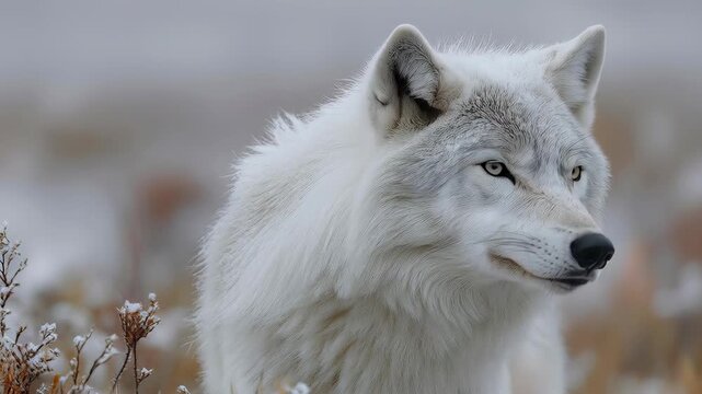 Cinematic close-up of a majestic Arctic wolf looking around and sniffing the air in a frosty tundra landscape. Intense gaze and realistic textures, perfect for wildlife documentary concepts.