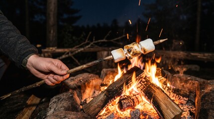 Fototapeta premium People roasting marshmallows on campfire at night - cozy outdoor bonding made by AI generative