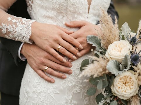 Close-up of couple holding hands on bride&rsquo;s lace gown, showing wedding rings and bouquet with pale roses, eucalyptus leaves, and dried grasses
