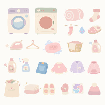 Cute pastel laundry and cleaning clipart set with washing machine, dryer, detergent, soap, towels, socks and clothes