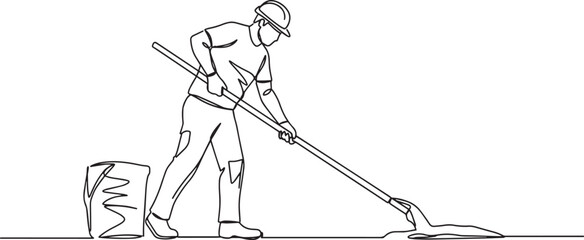 Obraz premium A construction worker is mopping the floor with a long-handled mop.
