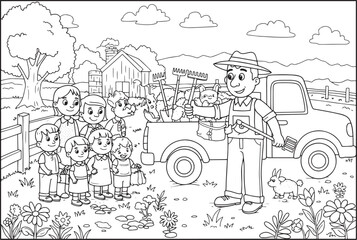 Obraz premium Farmer and Children - A Group Exploring the Farm Together.
