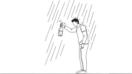 Fototapeta premium Man in the rain holding a lantern, searching for something in the darkness.