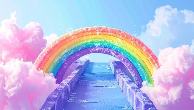Vibrant rainbow bridge to cloudy heaven.