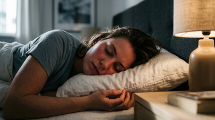 Fototapeta premium Woman Resting Comfortably In Bed While Sleeping Peacefully, Focused And Calm
